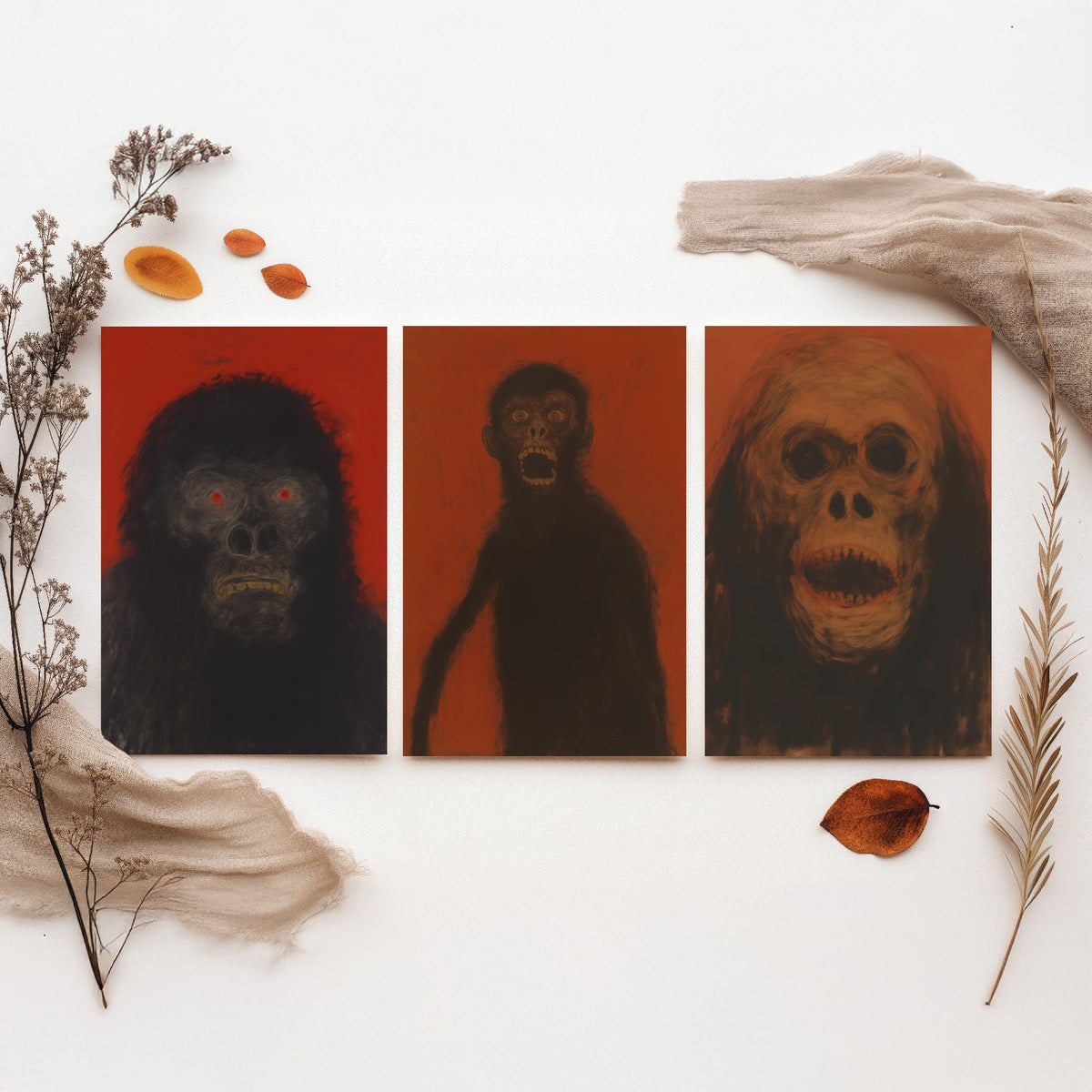 Scary Apes Sketch Set of Three Art Prints - Gorilla, Monkey, Orangutan - Dark Expressionist Poster Illustration