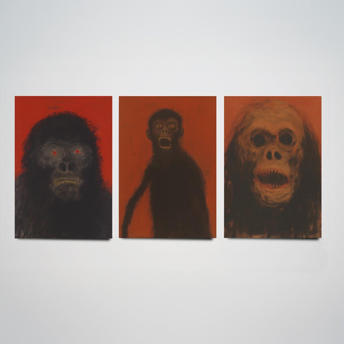 Scary Apes Sketch Set of Three Art Prints - Gorilla, Monkey, Orangutan - Dark Expressionist Poster Illustration