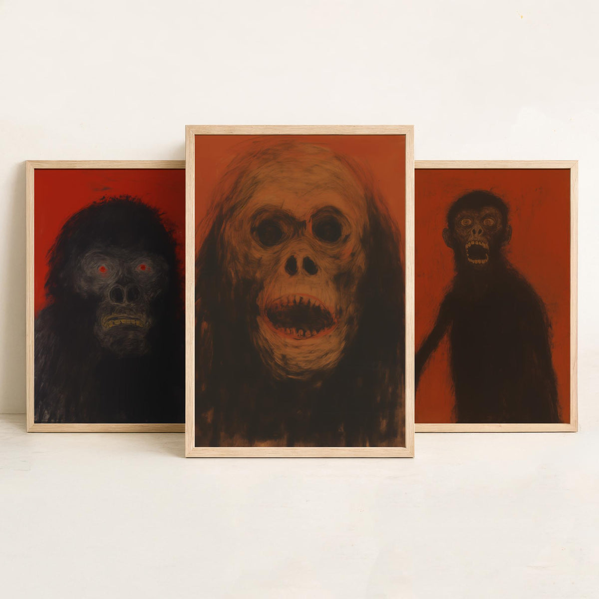 Scary Apes Sketch Set of Three Art Prints - Gorilla, Monkey, Orangutan - Dark Expressionist Poster Illustration