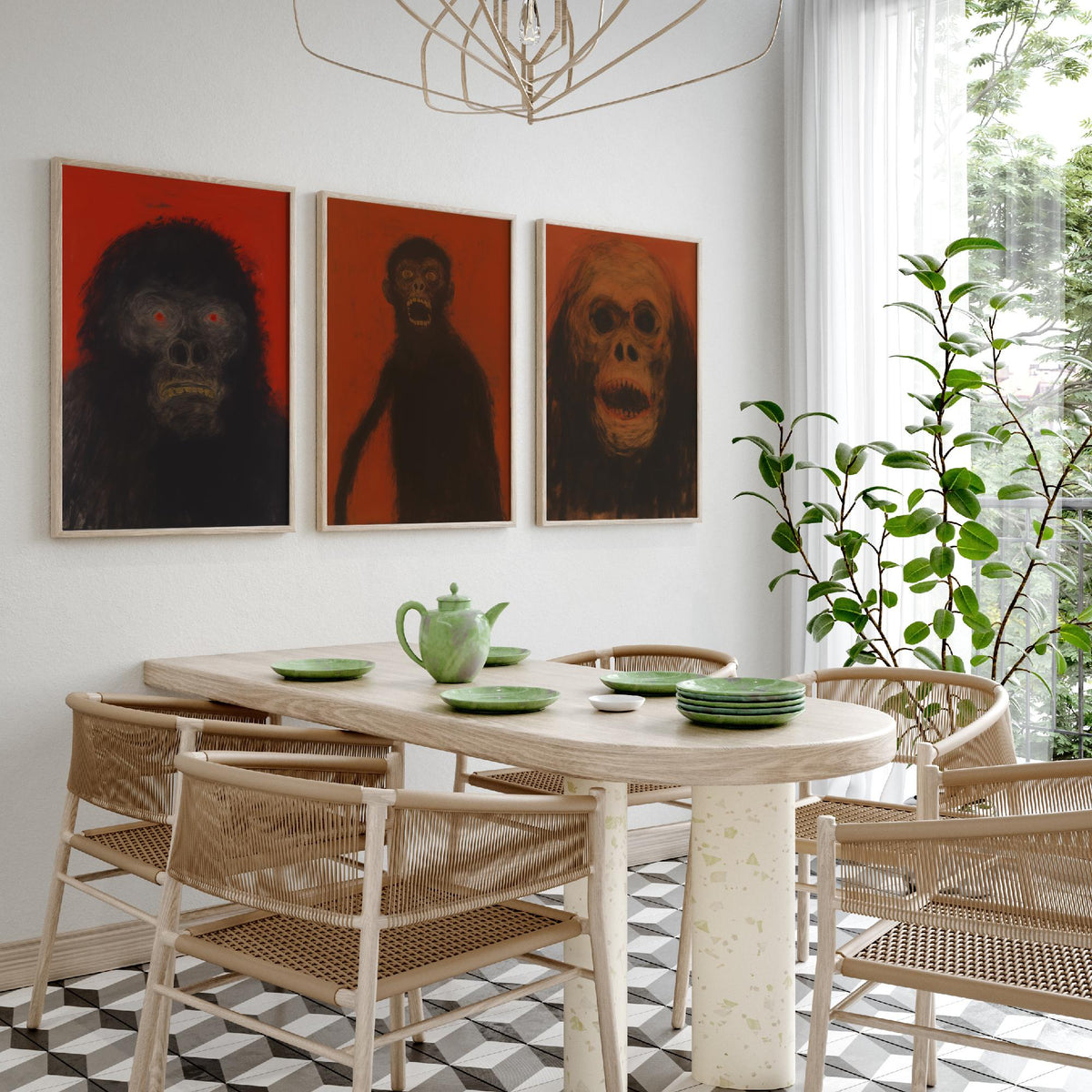 Scary Apes Sketch Set of Three Art Prints - Gorilla, Monkey, Orangutan - Dark Expressionist Poster Illustration