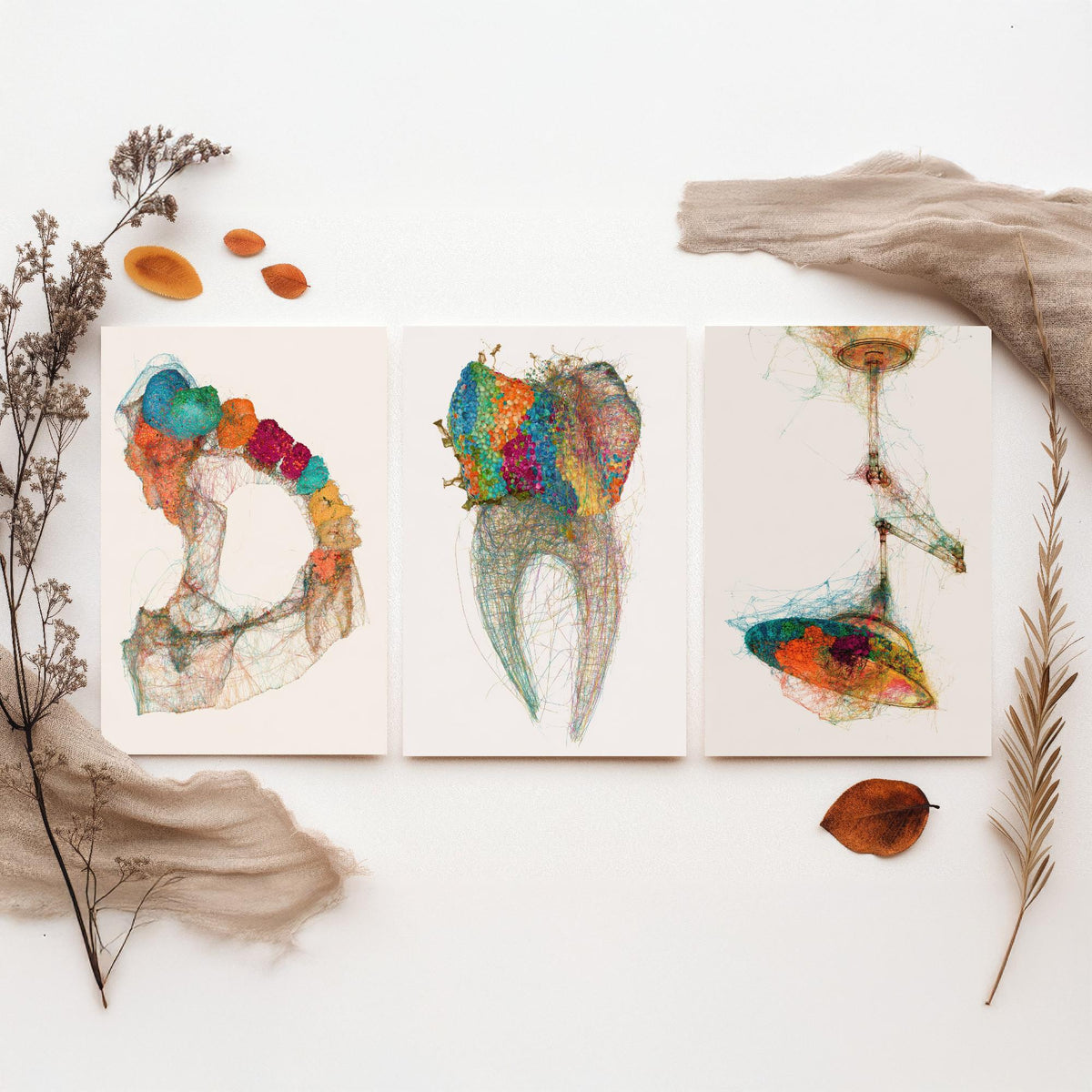 Dental Practice Set of Three Art Prints - Dental Arch, Molar, Overhead Lamp - Scientific Thread Illustration Poster