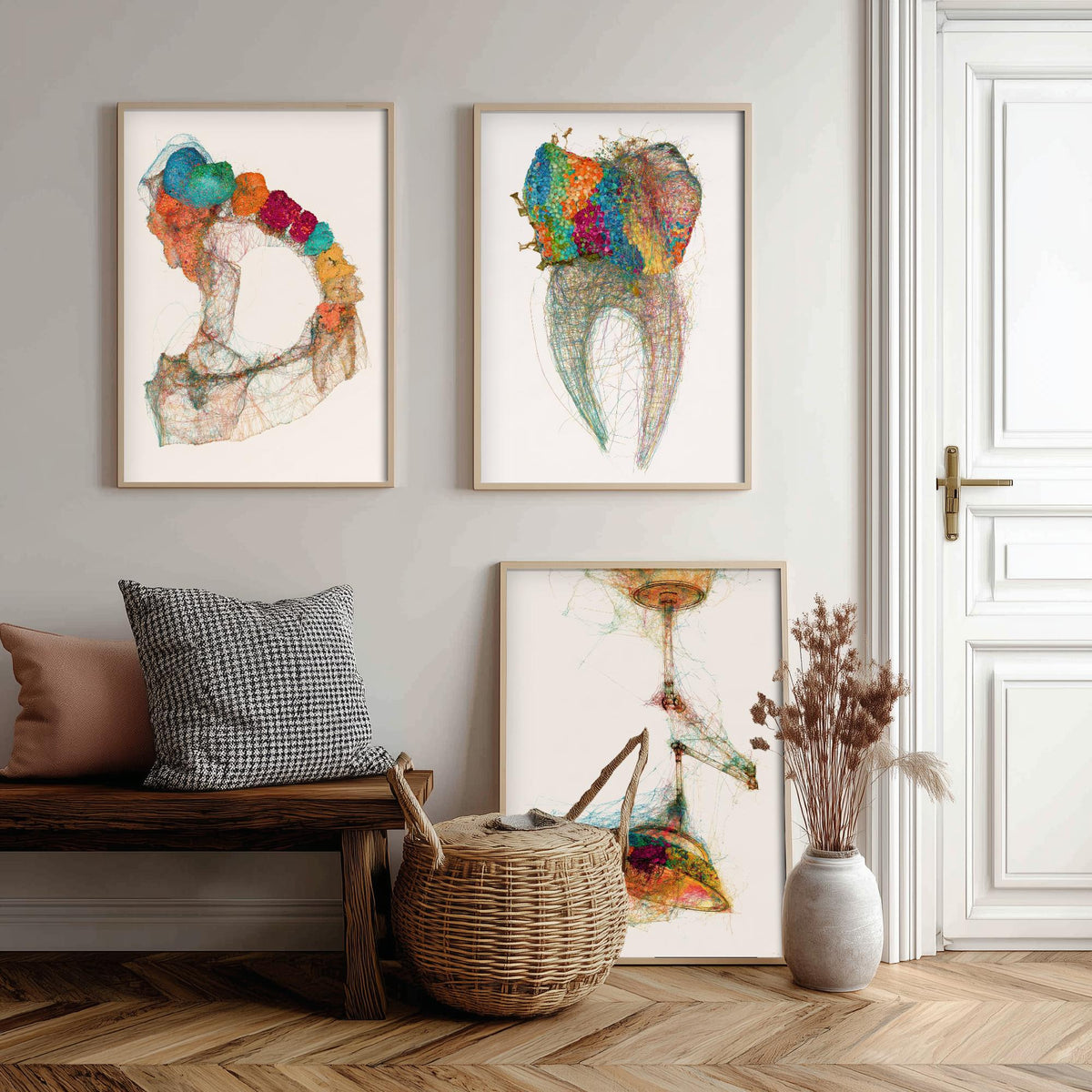 Dental Practice Set of Three Art Prints - Dental Arch, Molar, Overhead Lamp - Scientific Thread Illustration Poster
