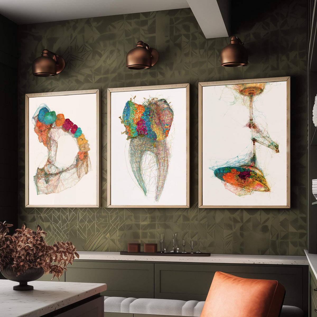 Dental Practice Set of Three Art Prints - Dental Arch, Molar, Overhead Lamp - Scientific Thread Illustration Poster
