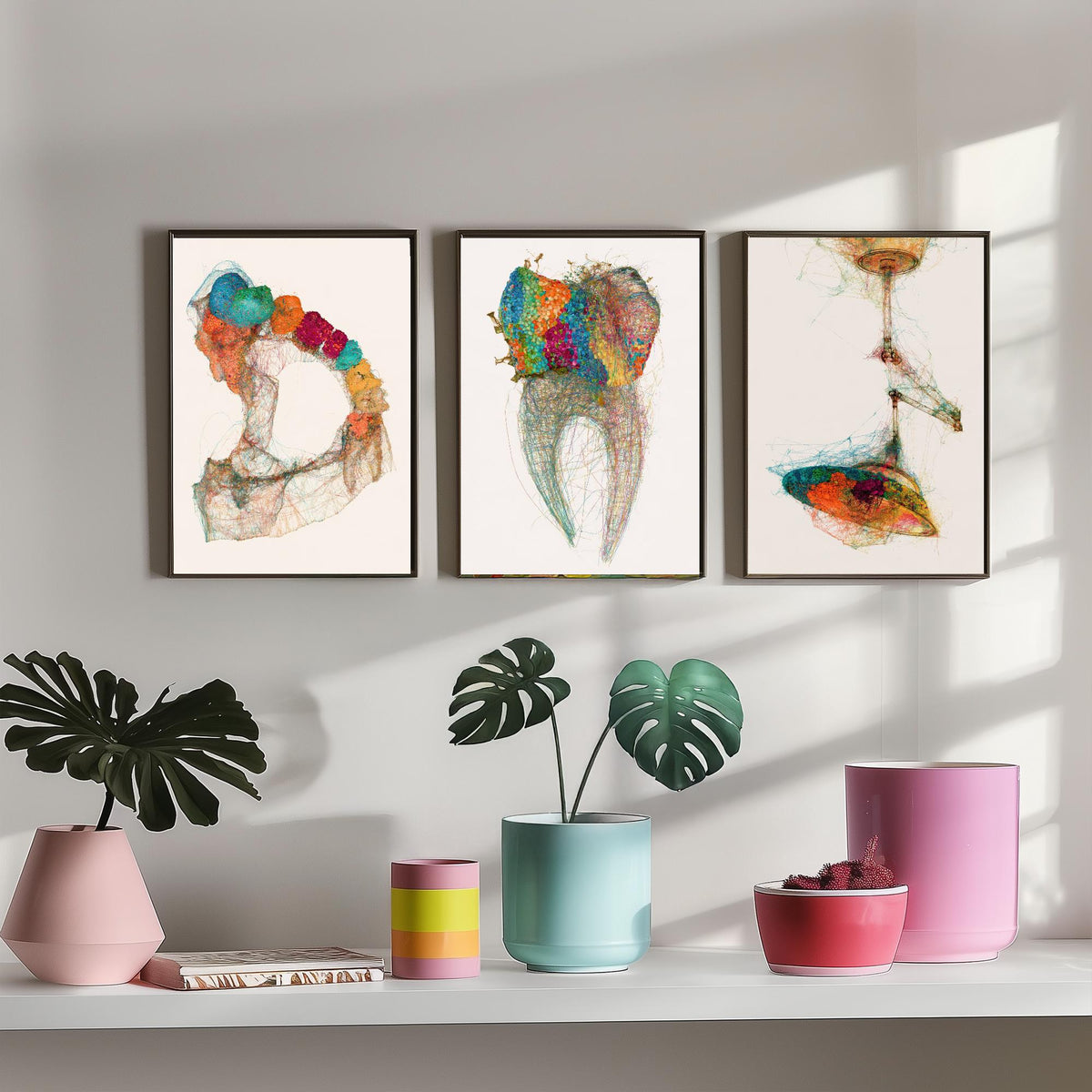 Dental Practice Set of Three Art Prints - Dental Arch, Molar, Overhead Lamp - Scientific Thread Illustration Poster