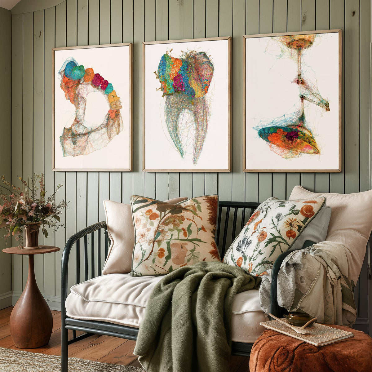Dental Practice Set of Three Art Prints - Dental Arch, Molar, Overhead Lamp - Scientific Thread Illustration Poster