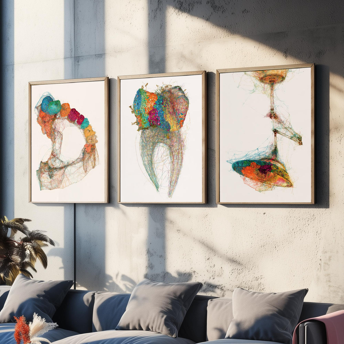 Dental Practice Set of Three Art Prints - Dental Arch, Molar, Overhead Lamp - Scientific Thread Illustration Poster
