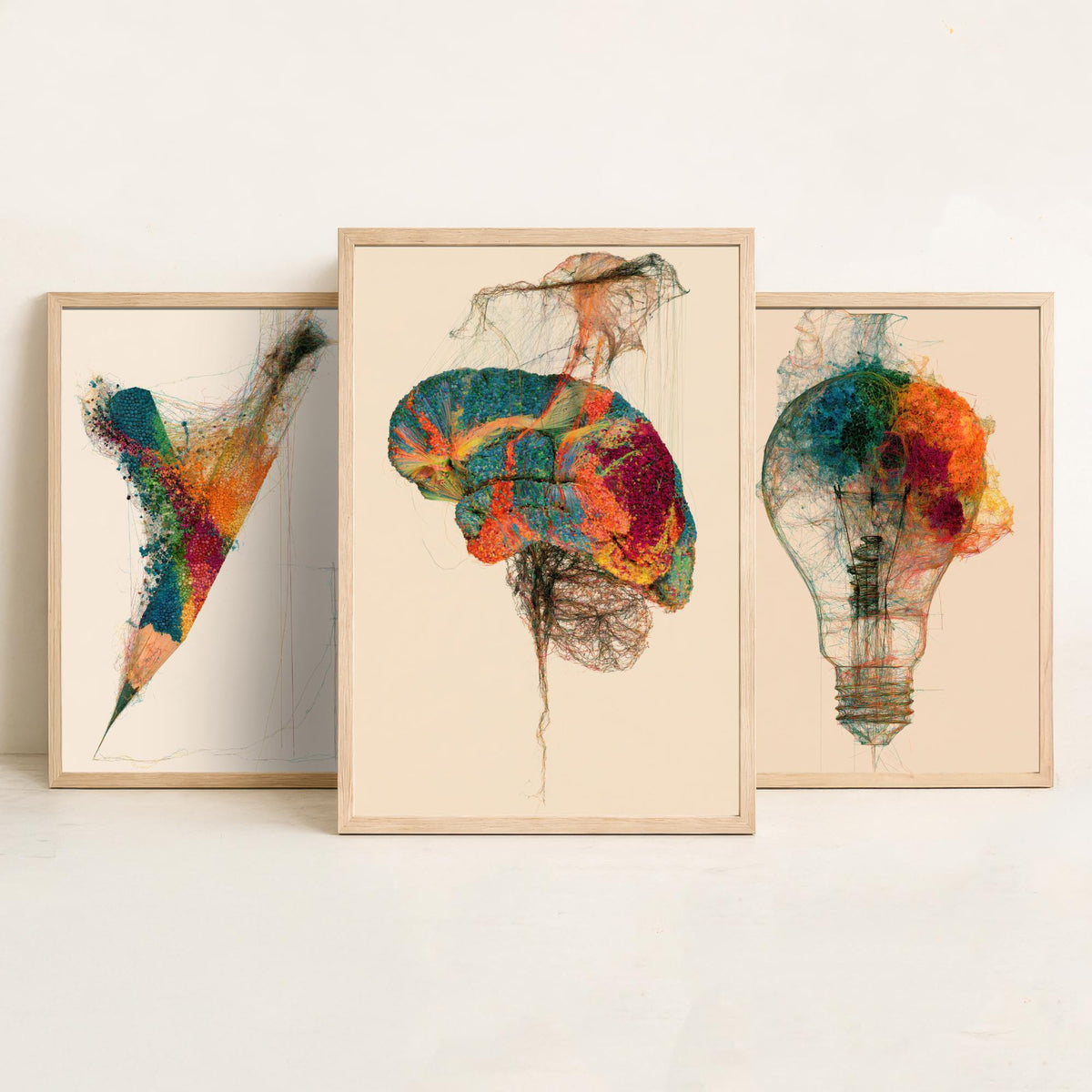 Design Studio Set of Three Art Prints - Pencil, Light Bulb, Brain - Creative Scientific Thread Illustration Poster