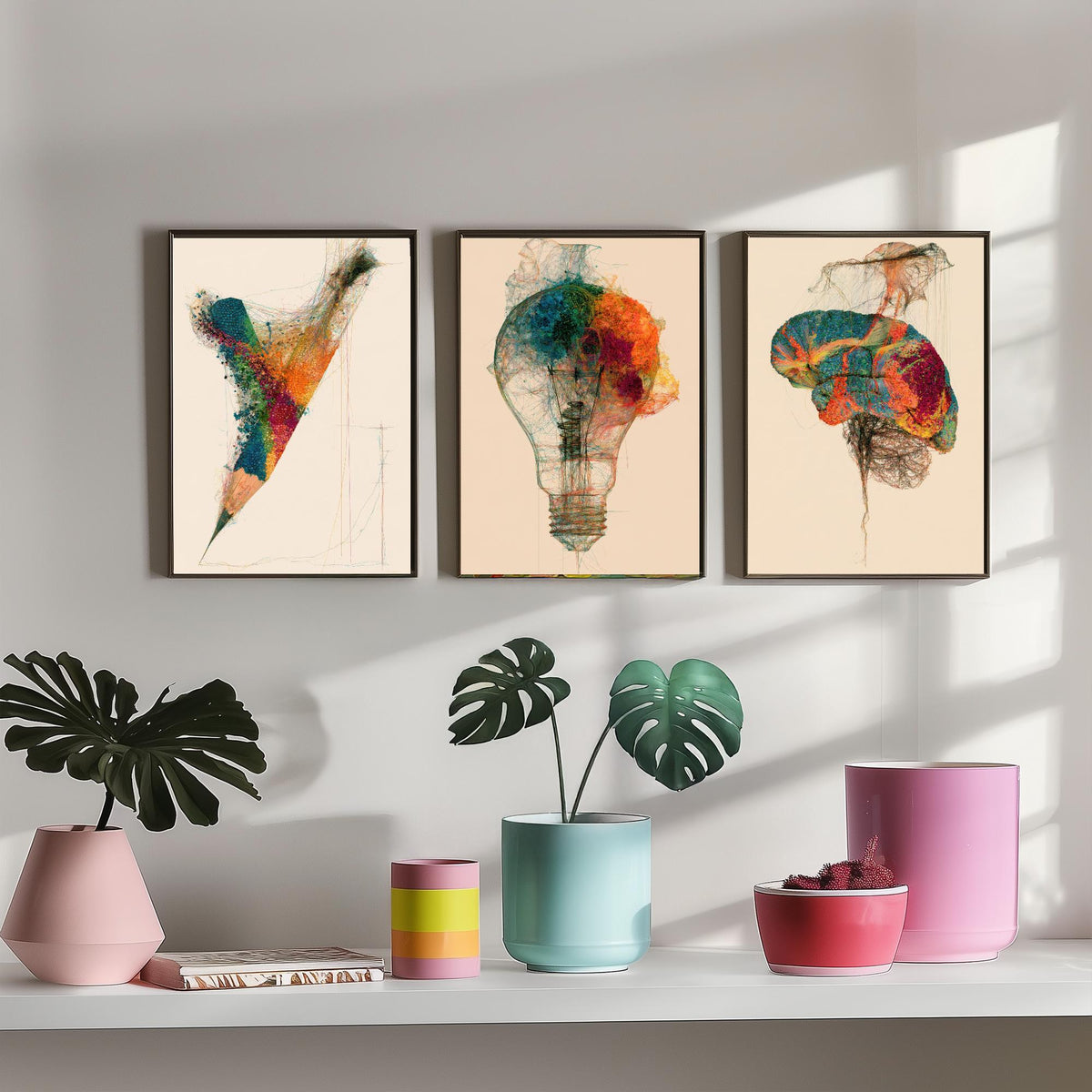 Design Studio Set of Three Art Prints - Pencil, Light Bulb, Brain - Creative Scientific Thread Illustration Poster