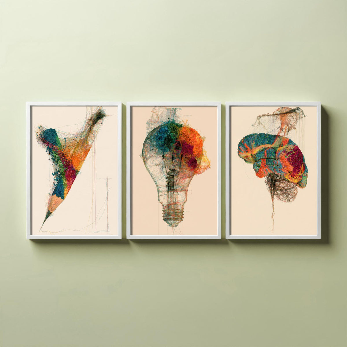 Design Studio Set of Three Art Prints - Pencil, Light Bulb, Brain - Creative Scientific Thread Illustration Poster