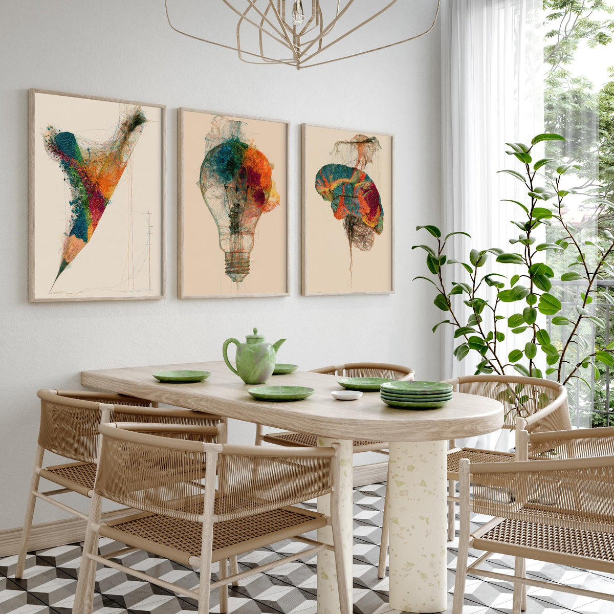 Design Studio Set of Three Art Prints - Pencil, Light Bulb, Brain - Creative Scientific Thread Illustration Poster