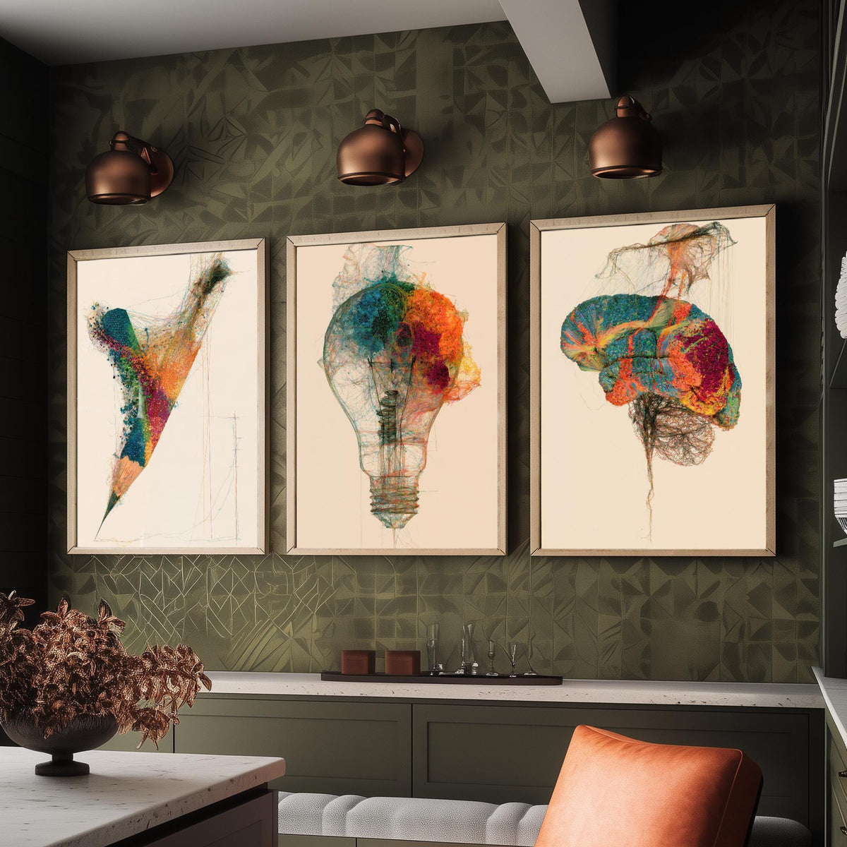 Design Studio Set of Three Art Prints - Pencil, Light Bulb, Brain - Creative Scientific Thread Illustration Poster