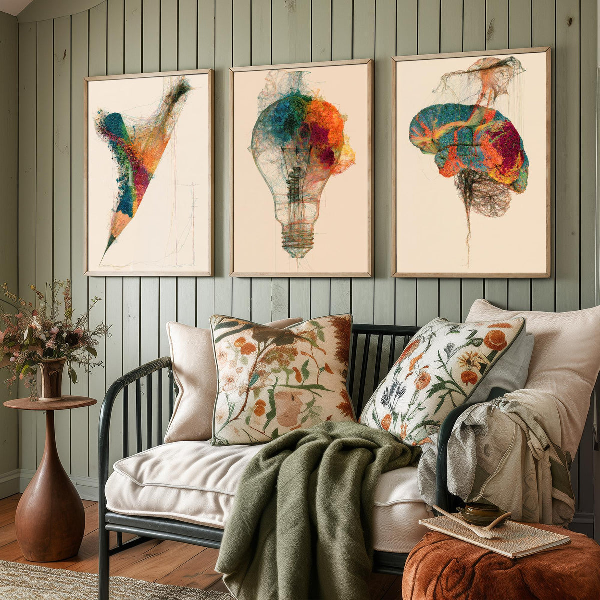 Design Studio Set of Three Art Prints - Pencil, Light Bulb, Brain - Creative Scientific Thread Illustration Poster