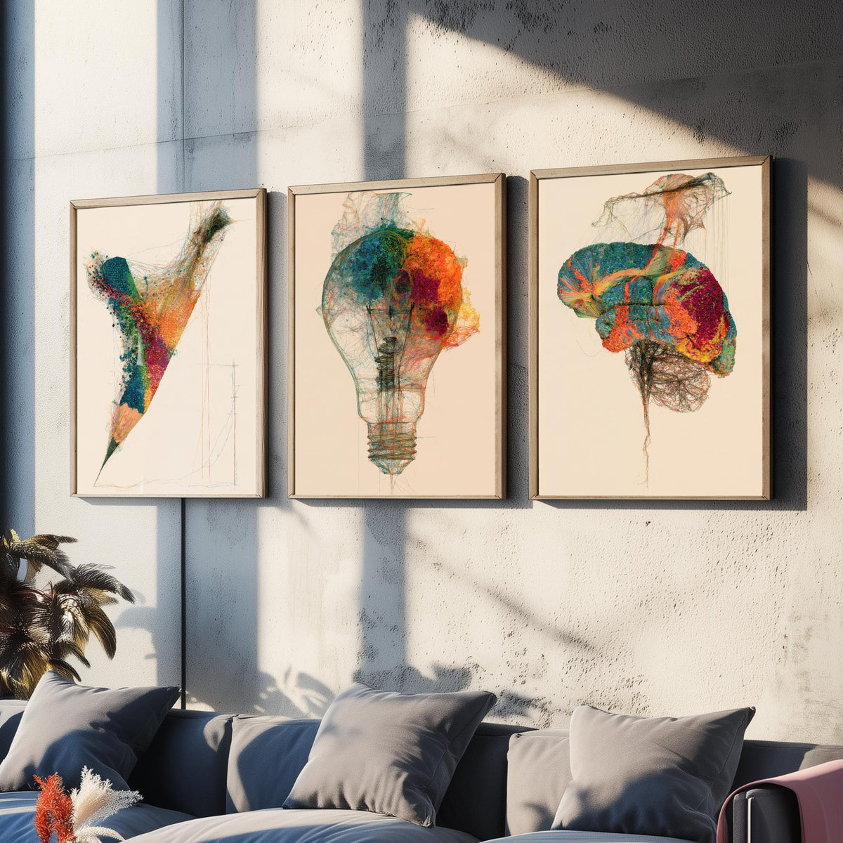 Design Studio Set of Three Art Prints - Pencil, Light Bulb, Brain - Creative Scientific Thread Illustration Poster