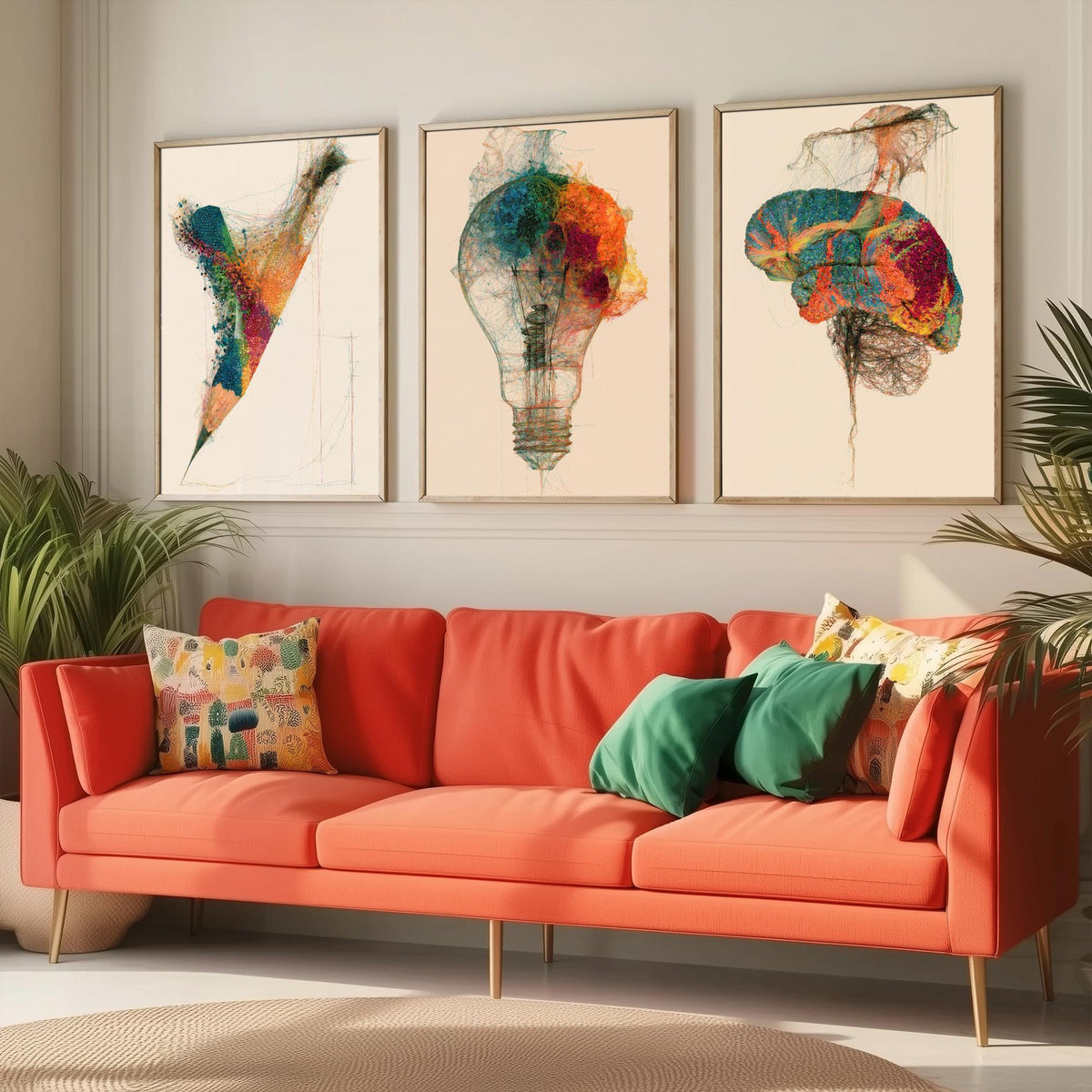 Design Studio Set of Three Art Prints - Pencil, Light Bulb, Brain - Creative Scientific Thread Illustration Poster