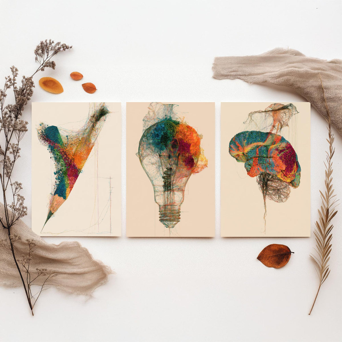 Design Studio Set of Three Art Prints - Pencil, Light Bulb, Brain - Creative Scientific Thread Illustration Poster