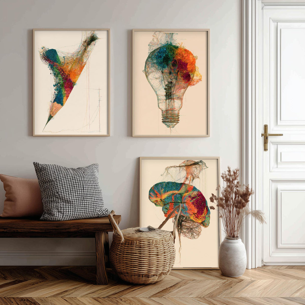 Design Studio Set of Three Art Prints - Pencil, Light Bulb, Brain - Creative Scientific Thread Illustration Poster