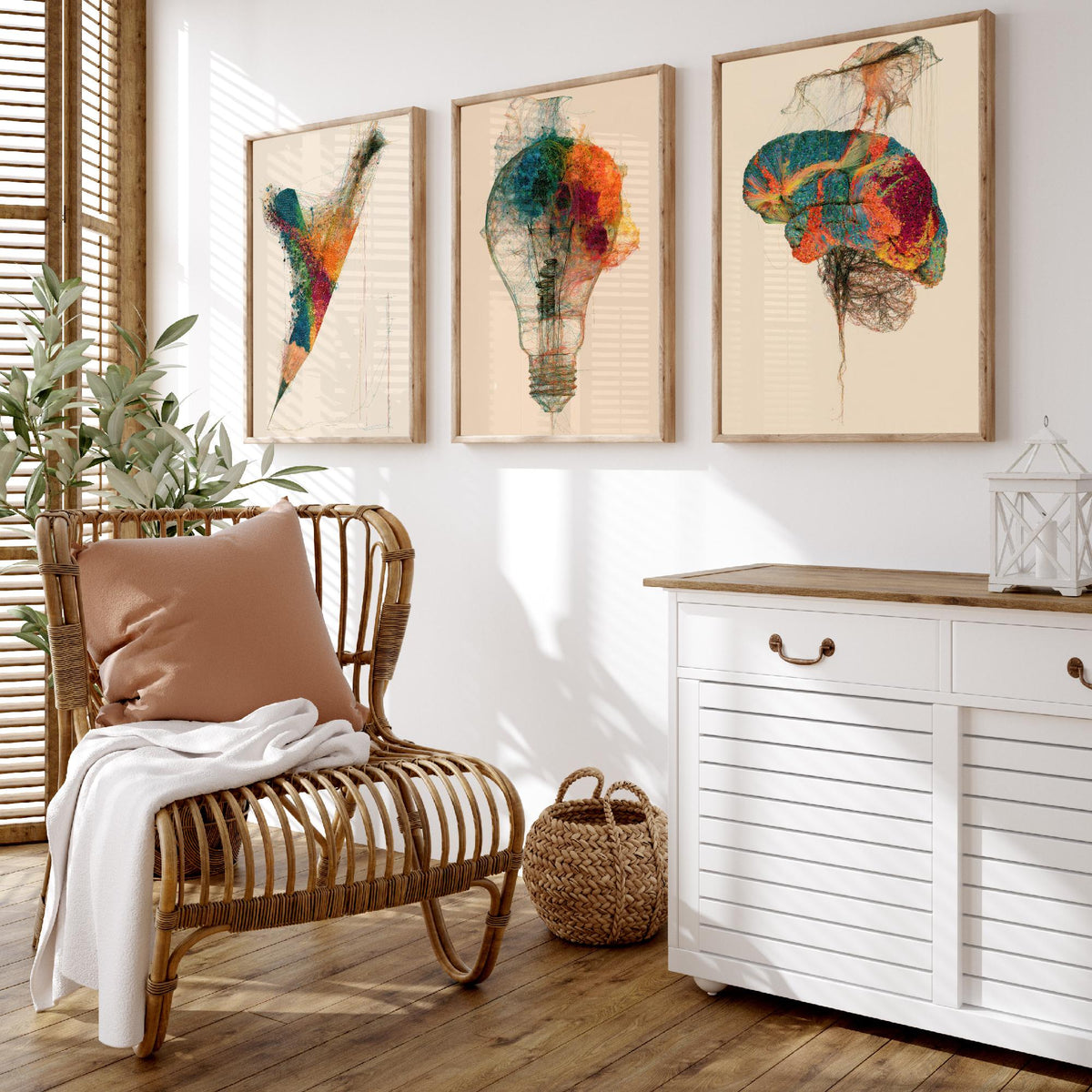 Design Studio Set of Three Art Prints - Pencil, Light Bulb, Brain - Creative Scientific Thread Illustration Poster