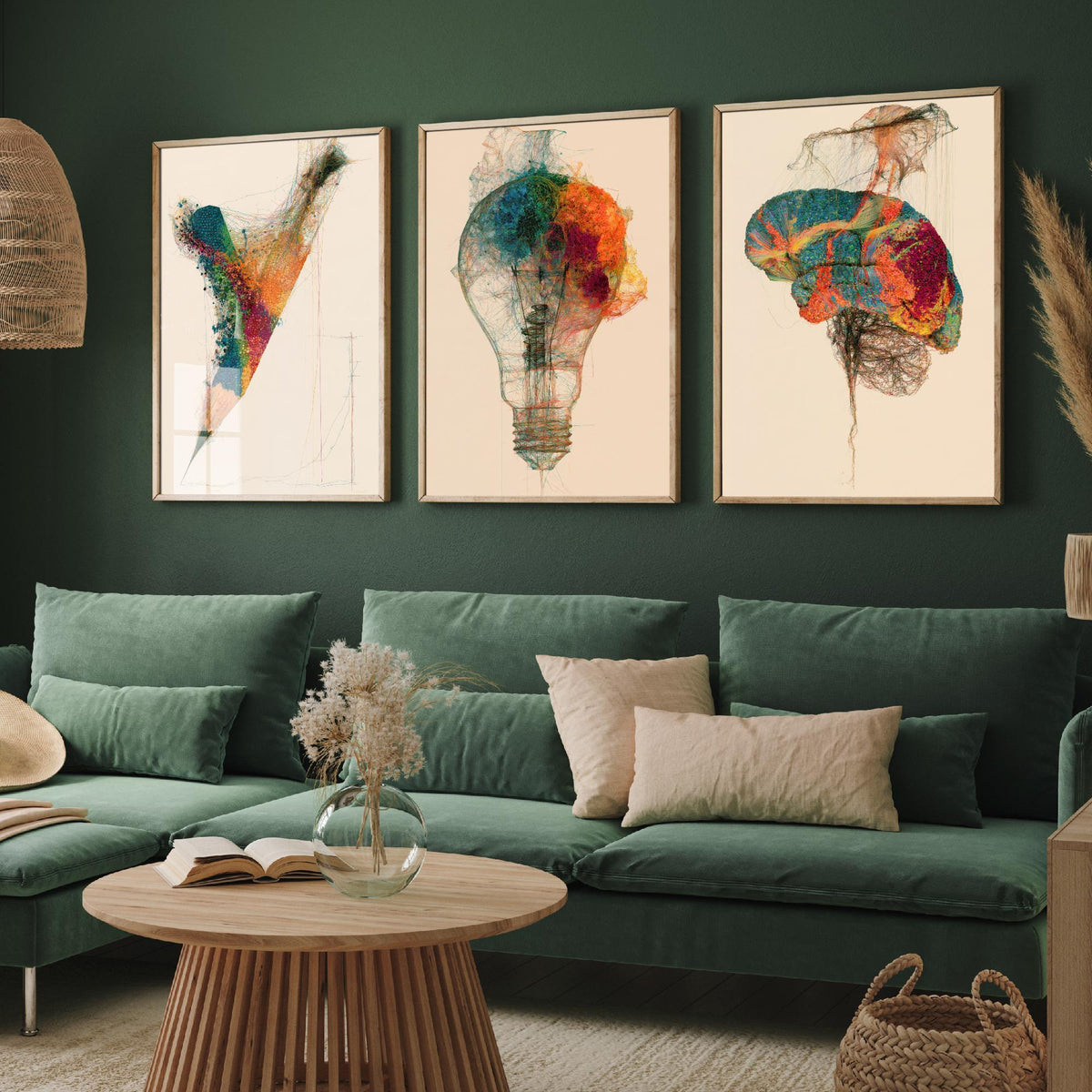 Design Studio Set of Three Art Prints - Pencil, Light Bulb, Brain - Creative Scientific Thread Illustration Poster