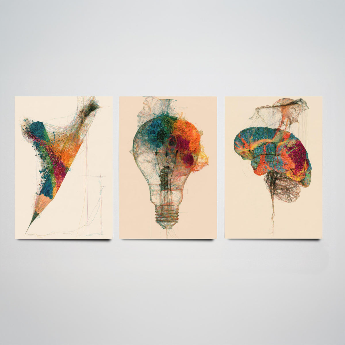 Design Studio Set of Three Art Prints - Pencil, Light Bulb, Brain - Creative Scientific Thread Illustration Poster