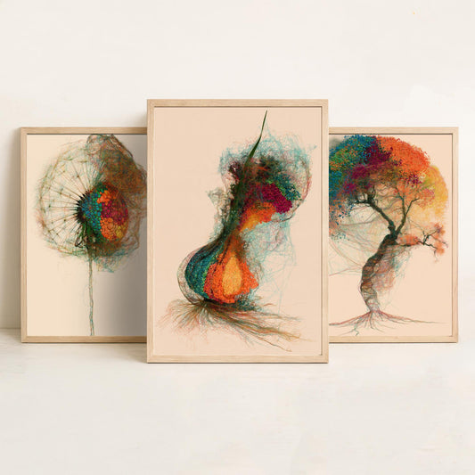 Landscape Architecture Set of Three Art Prints - Dandelion Clock, Tree, Flower Bulb - Botanical Thread Illustration Poster