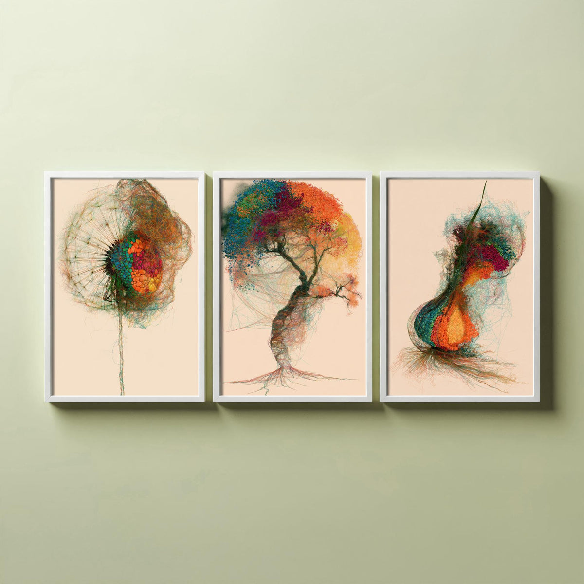 Landscape Architecture Set of Three Art Prints - Dandelion Clock, Tree, Flower Bulb - Botanical Thread Illustration Poster