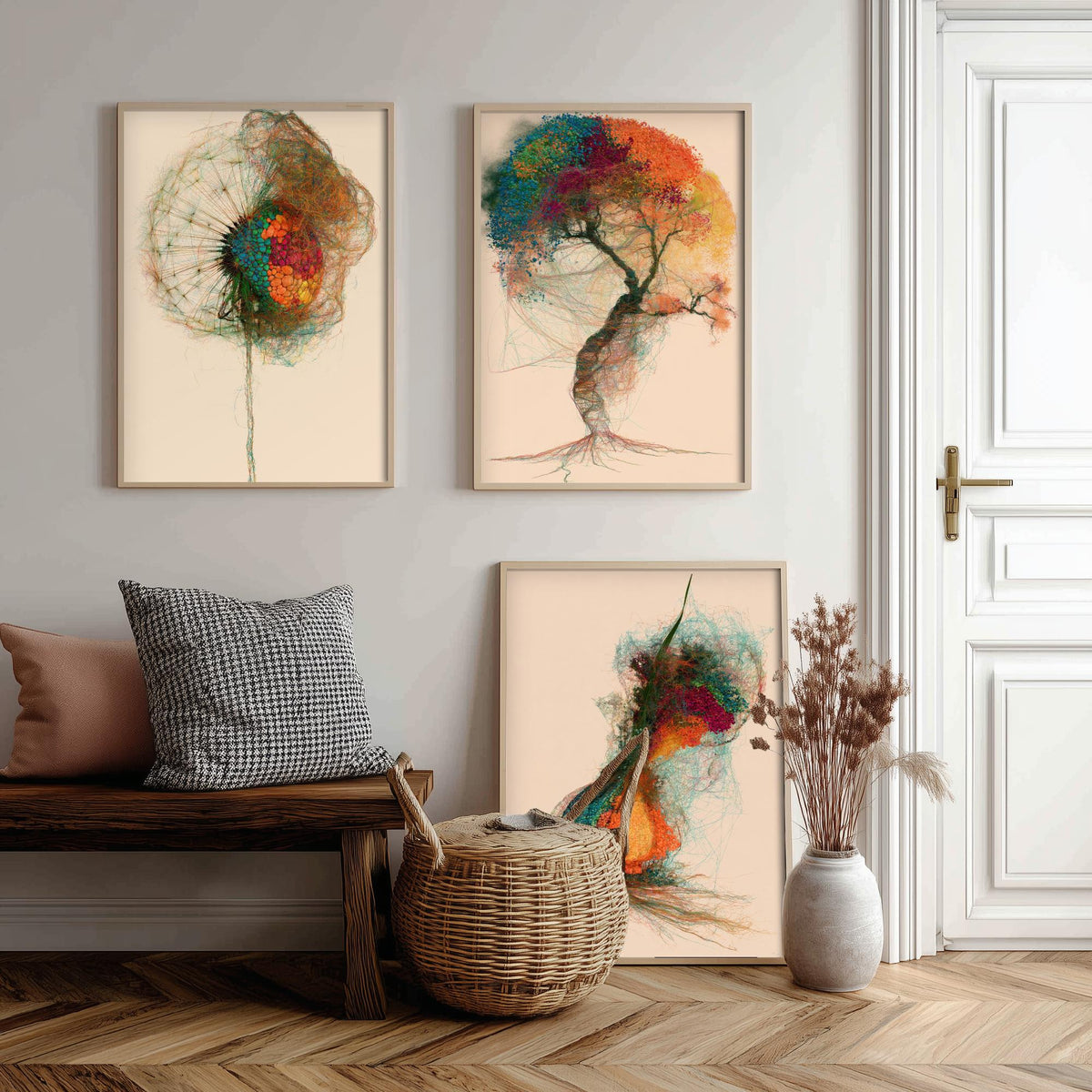 Landscape Architecture Set of Three Art Prints - Dandelion Clock, Tree, Flower Bulb - Botanical Thread Illustration Poster