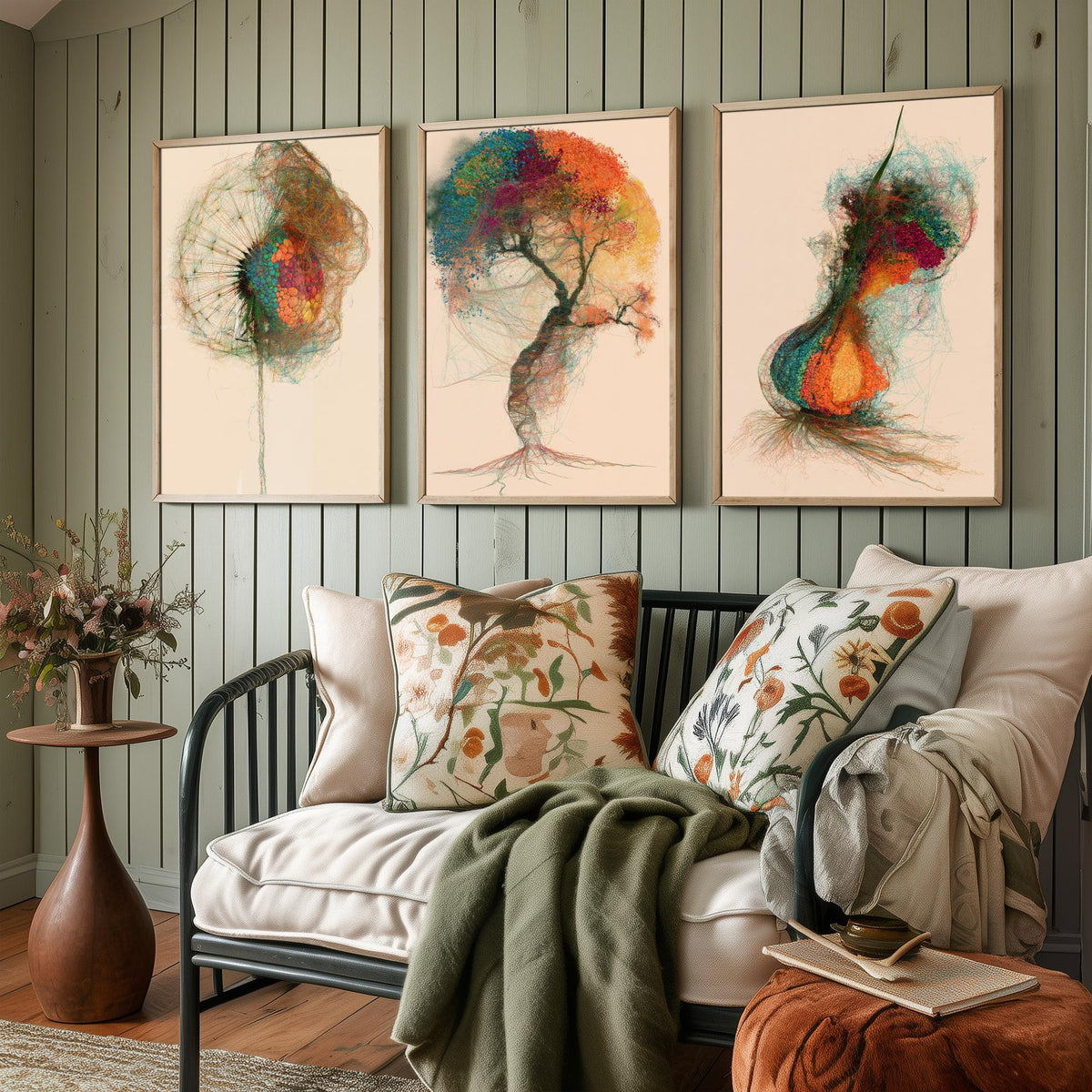 Landscape Architecture Set of Three Art Prints - Dandelion Clock, Tree, Flower Bulb - Botanical Thread Illustration Poster