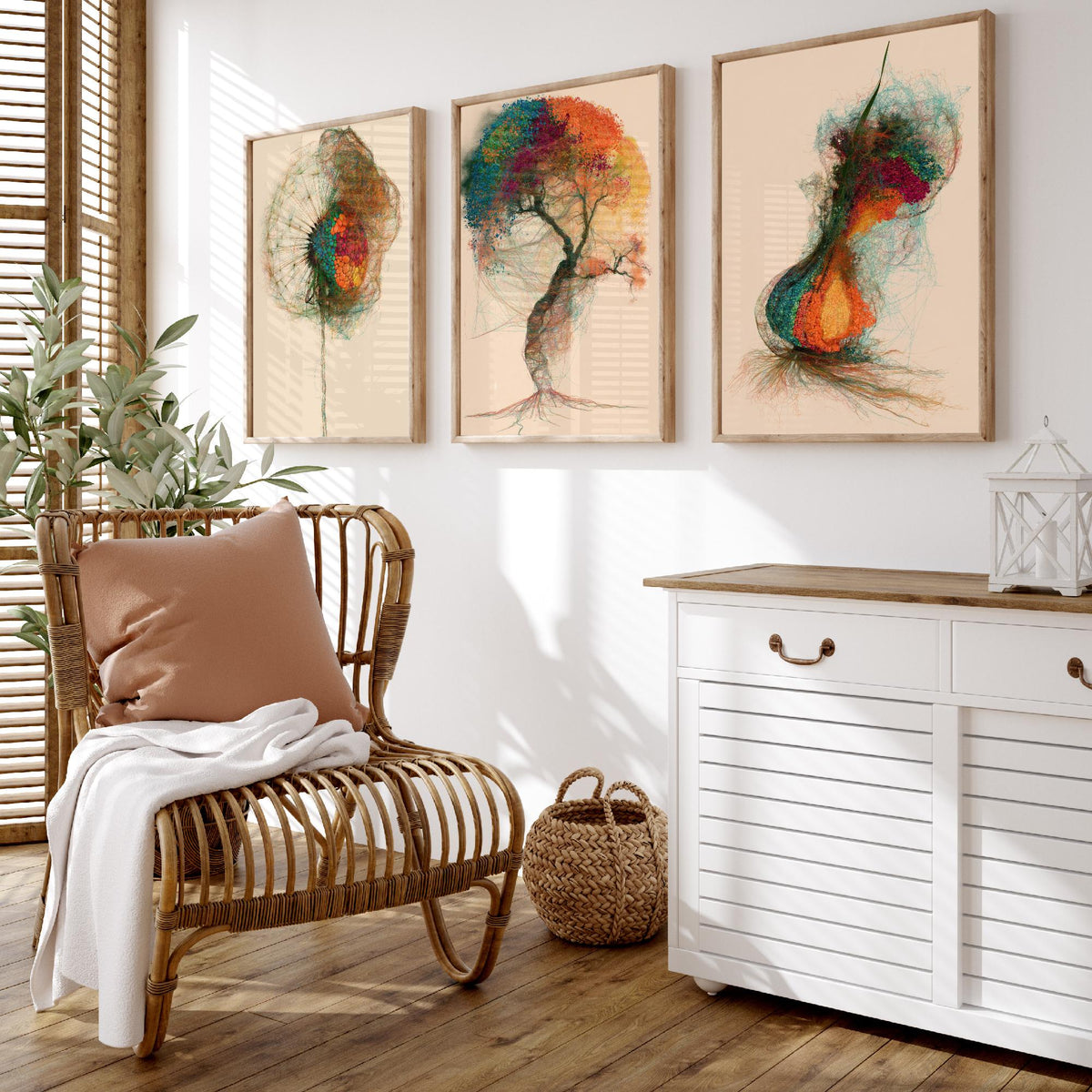 Landscape Architecture Set of Three Art Prints - Dandelion Clock, Tree, Flower Bulb - Botanical Thread Illustration Poster