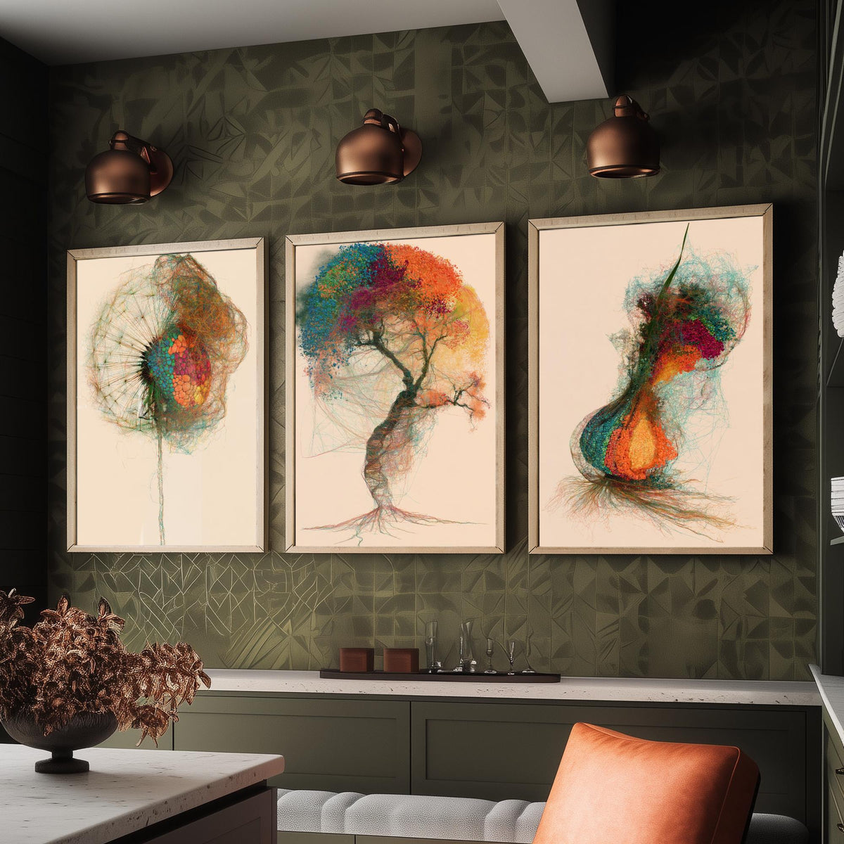 Landscape Architecture Set of Three Art Prints - Dandelion Clock, Tree, Flower Bulb - Botanical Thread Illustration Poster