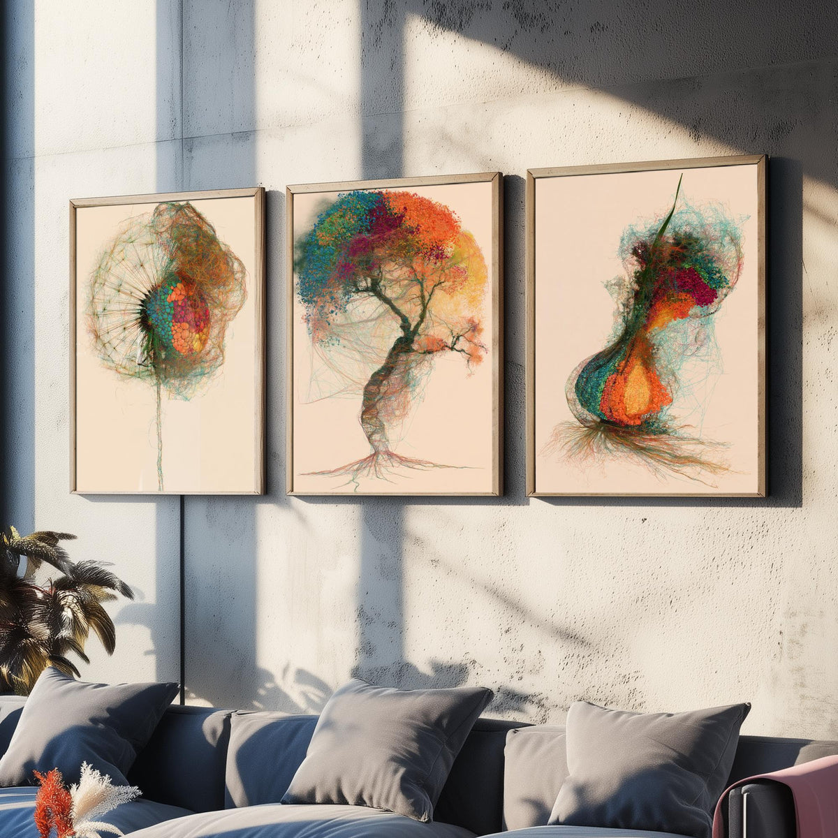 Landscape Architecture Set of Three Art Prints - Dandelion Clock, Tree, Flower Bulb - Botanical Thread Illustration Poster