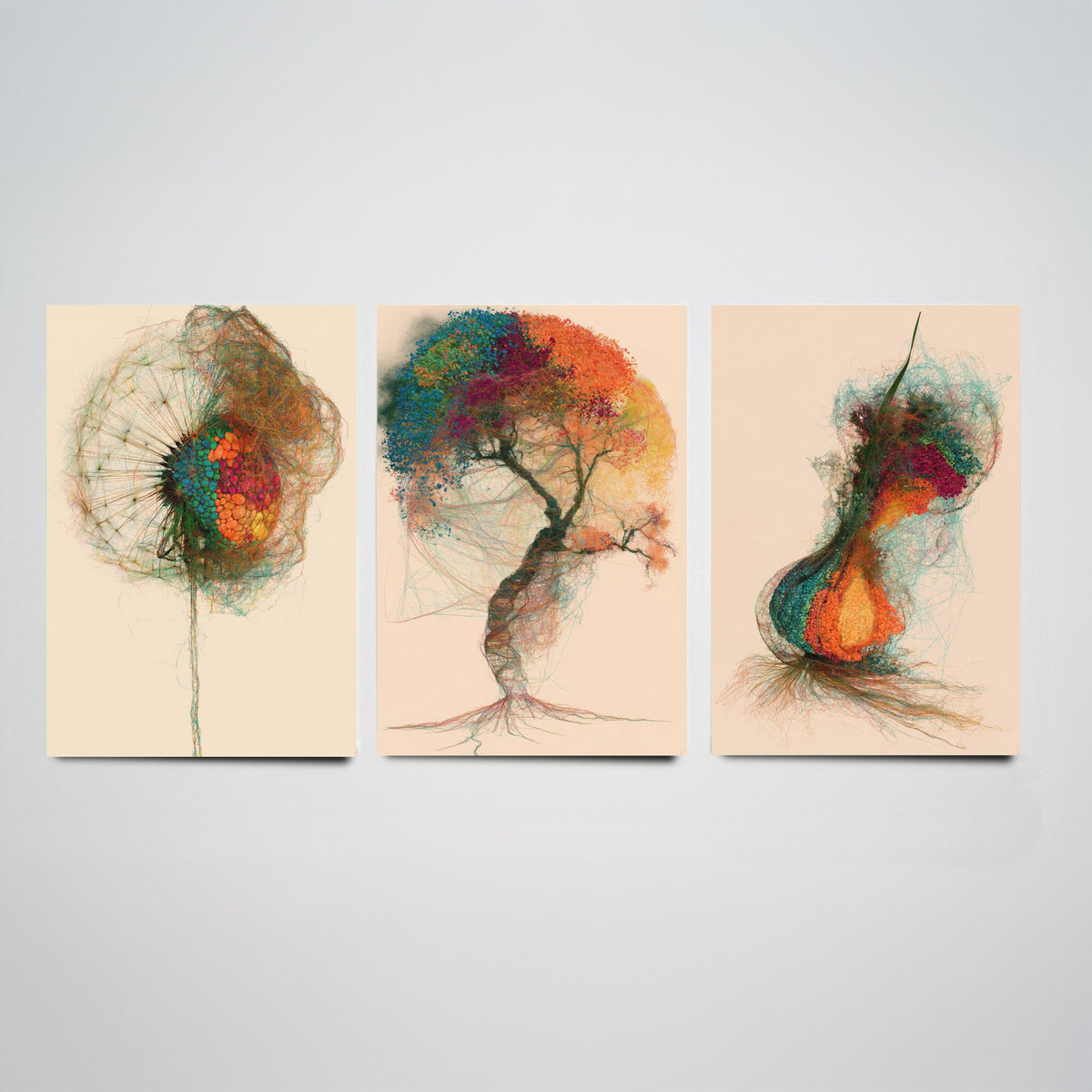 Landscape Architecture Set of Three Art Prints - Dandelion Clock, Tree, Flower Bulb - Botanical Thread Illustration Poster