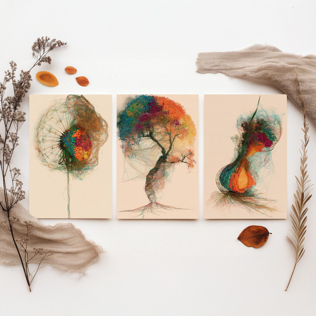Landscape Architecture Set of Three Art Prints - Dandelion Clock, Tree, Flower Bulb - Botanical Thread Illustration Poster