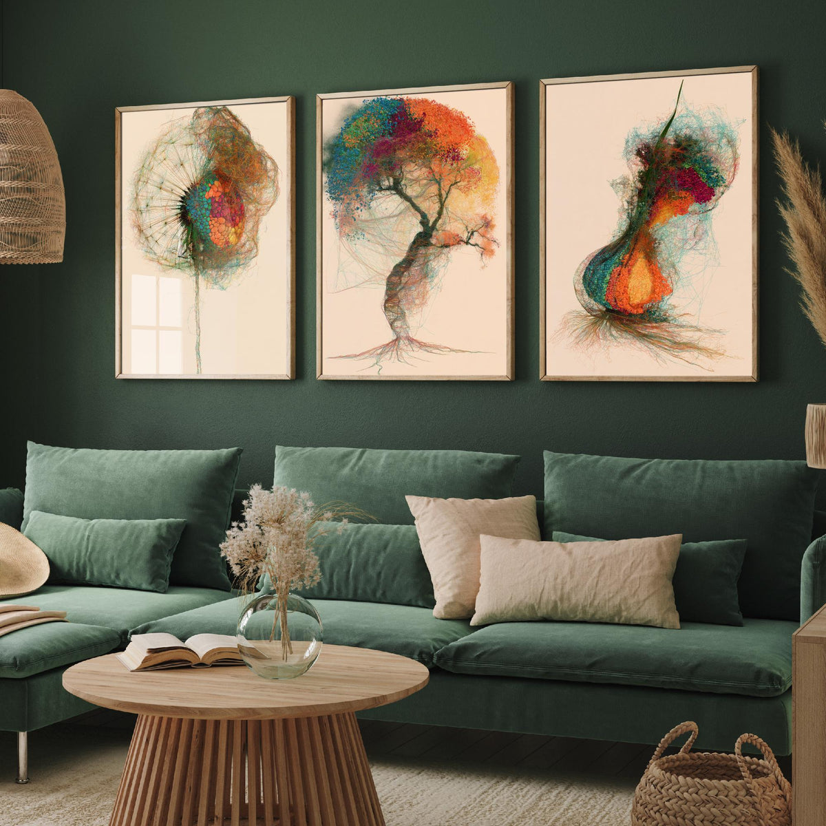 Landscape Architecture Set of Three Art Prints - Dandelion Clock, Tree, Flower Bulb - Botanical Thread Illustration Poster