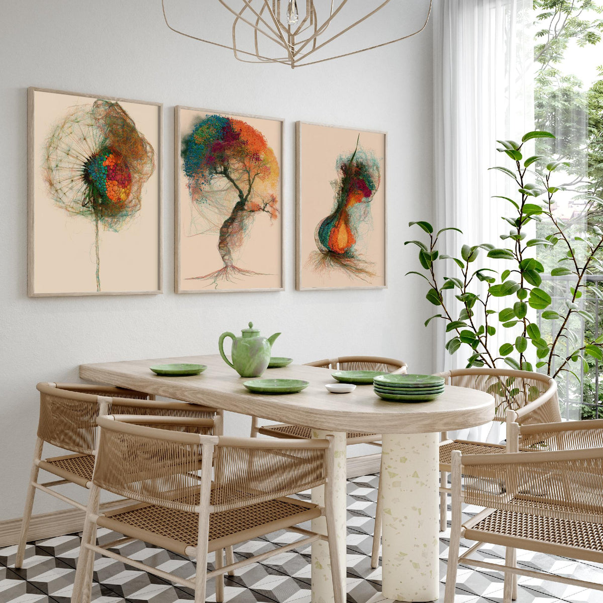 Landscape Architecture Set of Three Art Prints - Dandelion Clock, Tree, Flower Bulb - Botanical Thread Illustration Poster