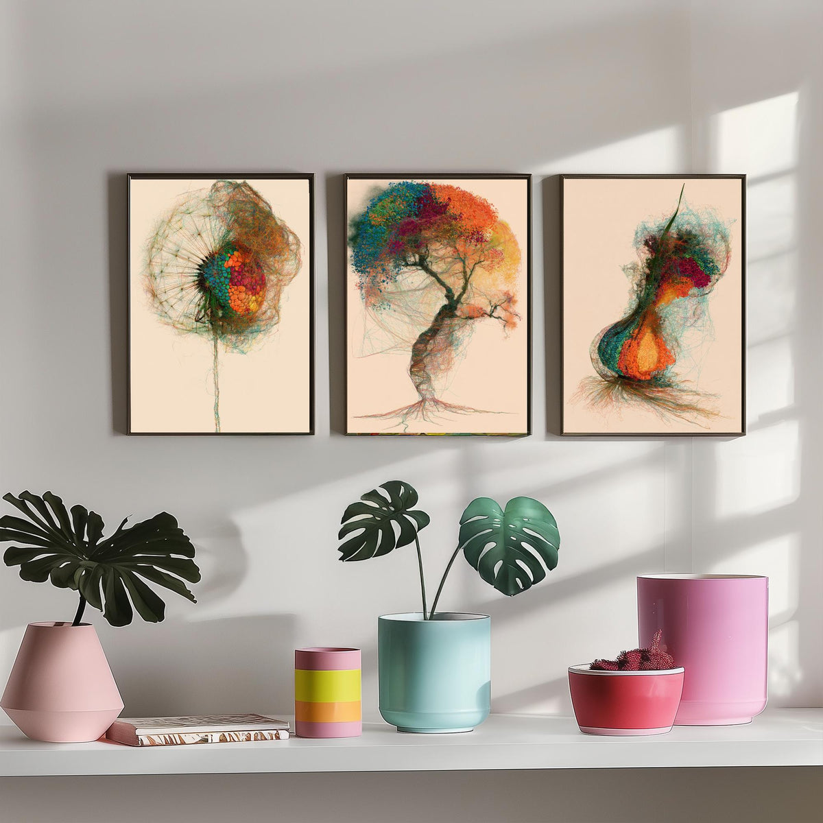Landscape Architecture Set of Three Art Prints - Dandelion Clock, Tree, Flower Bulb - Botanical Thread Illustration Poster
