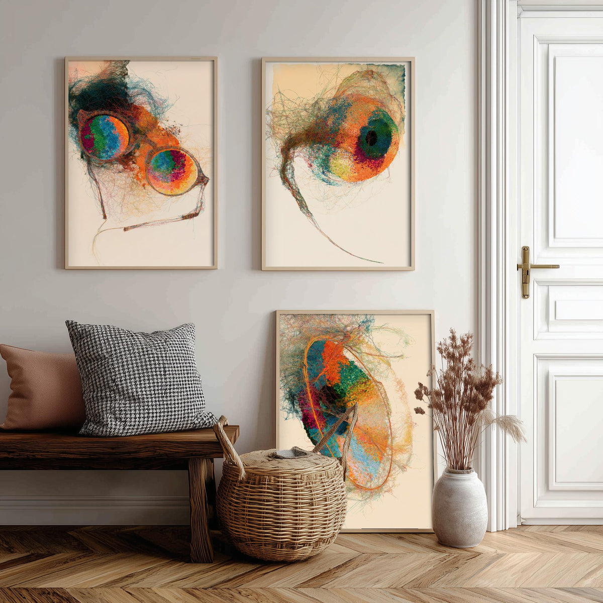 Opticians Set of Three Art Prints - Spectacles, Eye, Lens - Optometry Scientific Thread Illustration Poster
