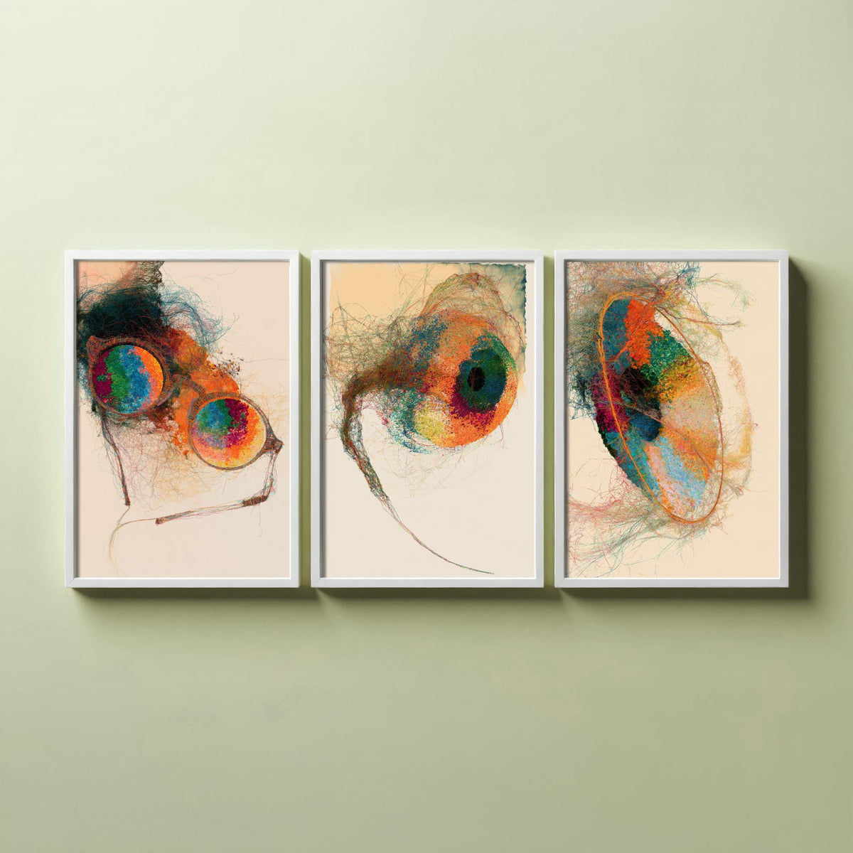 Opticians Set of Three Art Prints - Spectacles, Eye, Lens - Optometry Scientific Thread Illustration Poster