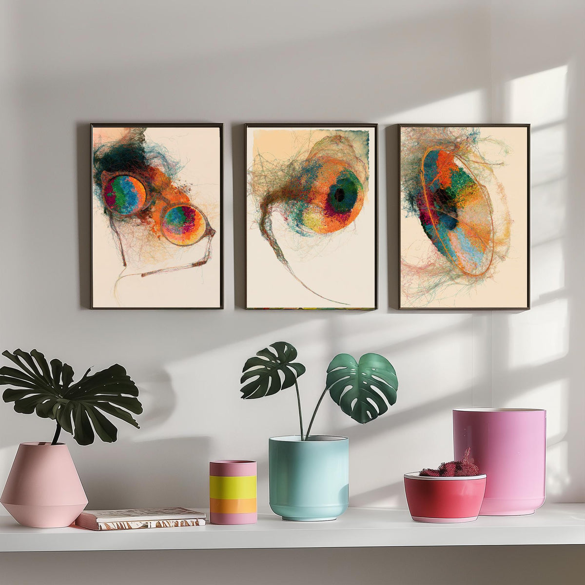 Opticians Set of Three Art Prints - Spectacles, Eye, Lens - Optometry Scientific Thread Illustration Poster