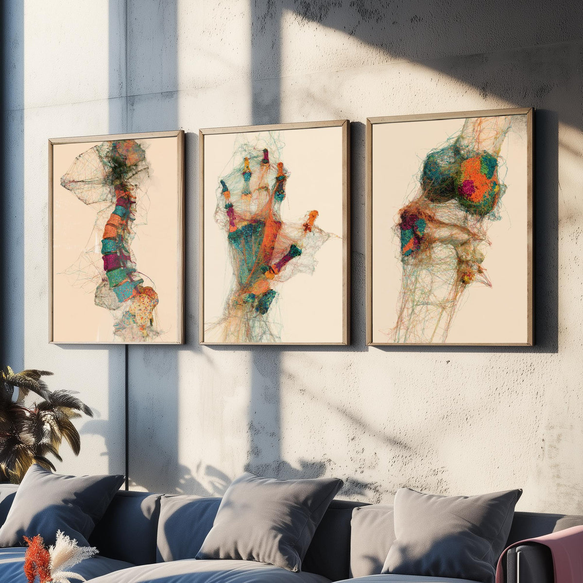 Physiotherapy Clinic Set of Three Art Prints - Spine, Hand, Knee Joint - Anatomy Thread Illustration Poster