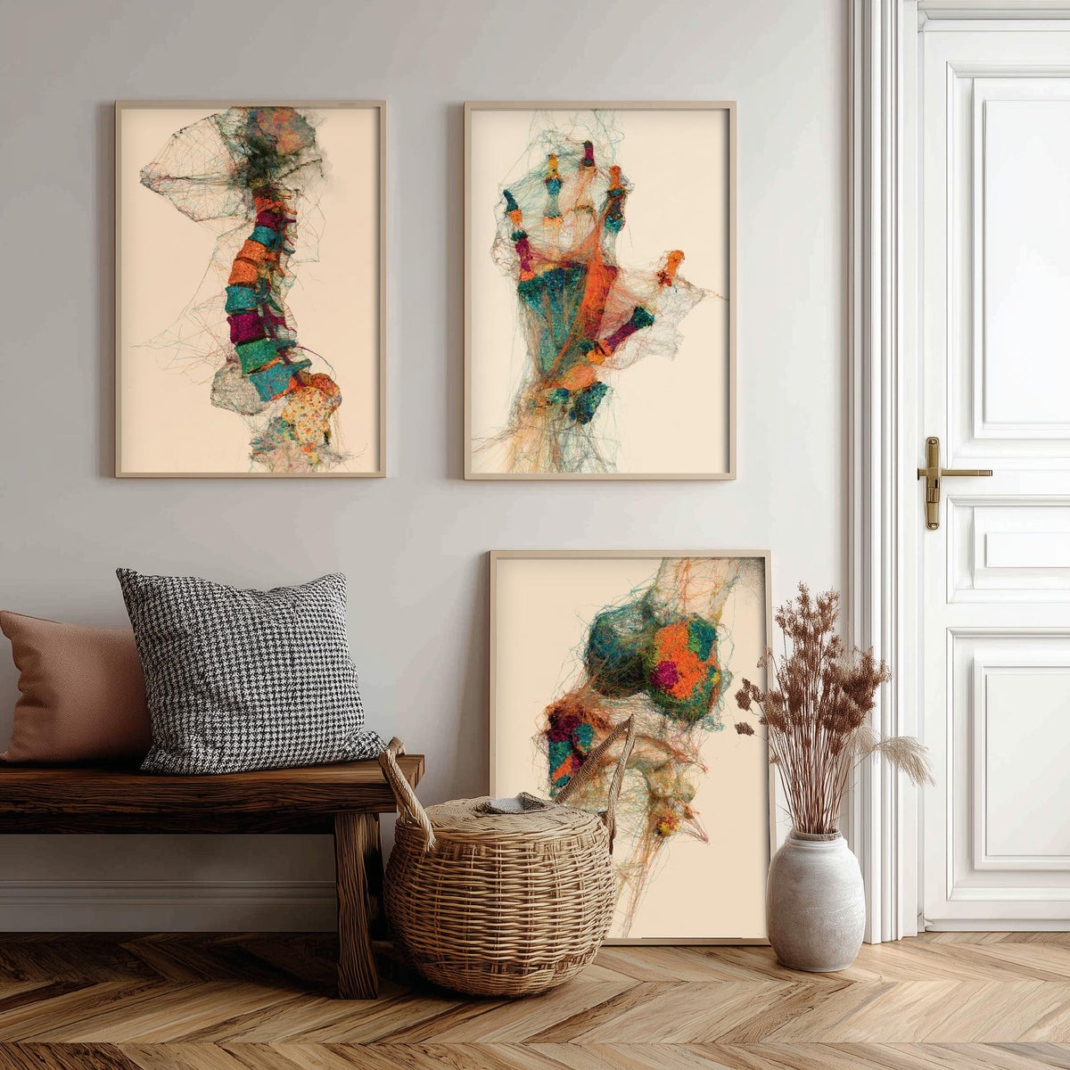 Physiotherapy Clinic Set of Three Art Prints - Spine, Hand, Knee Joint - Anatomy Thread Illustration Poster
