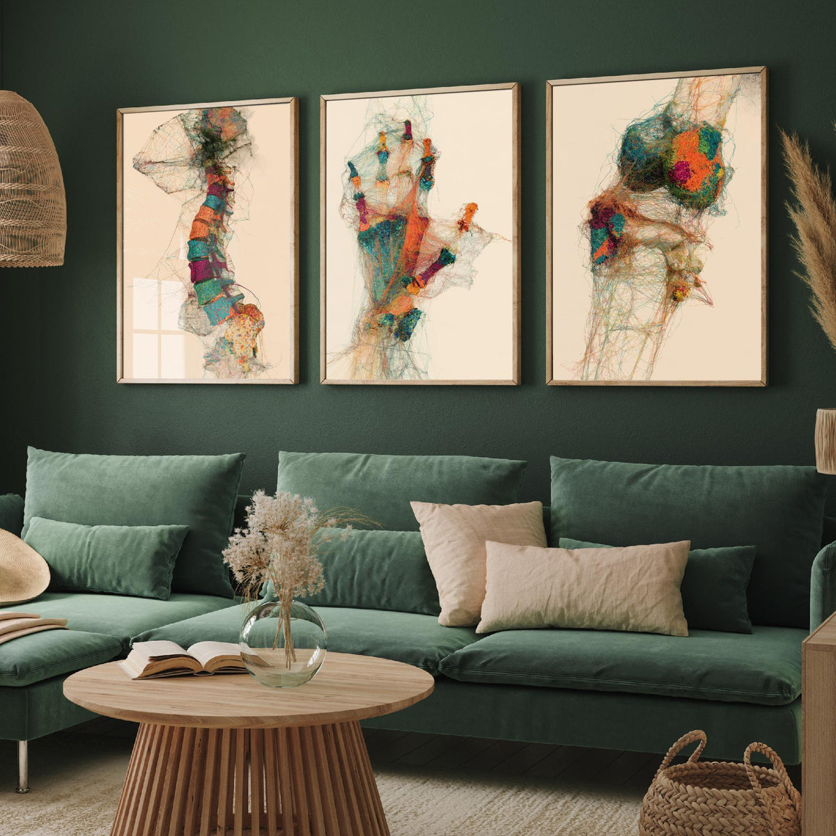 Physiotherapy Clinic Set of Three Art Prints - Spine, Hand, Knee Joint - Anatomy Thread Illustration Poster
