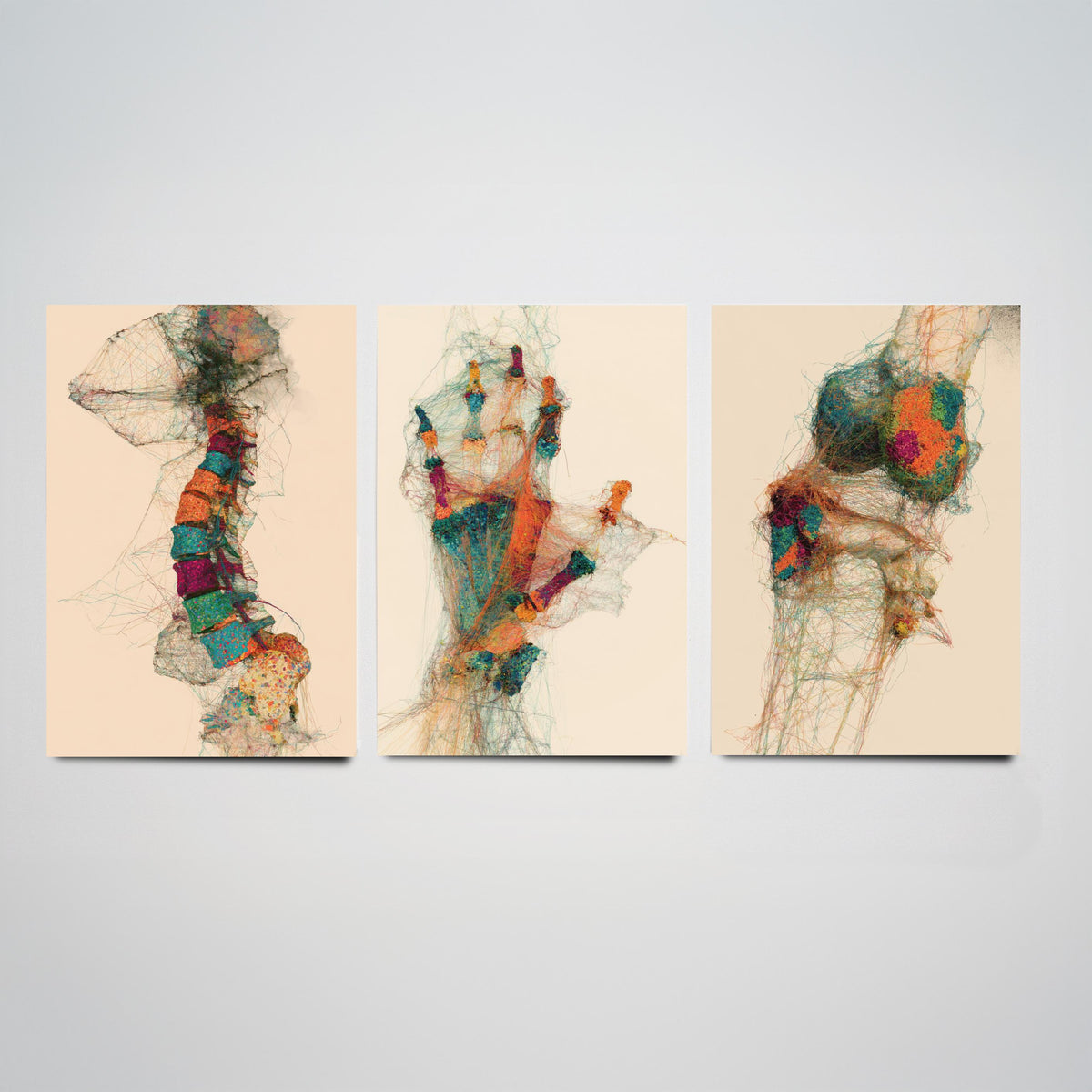Physiotherapy Clinic Set of Three Art Prints - Spine, Hand, Knee Joint - Anatomy Thread Illustration Poster