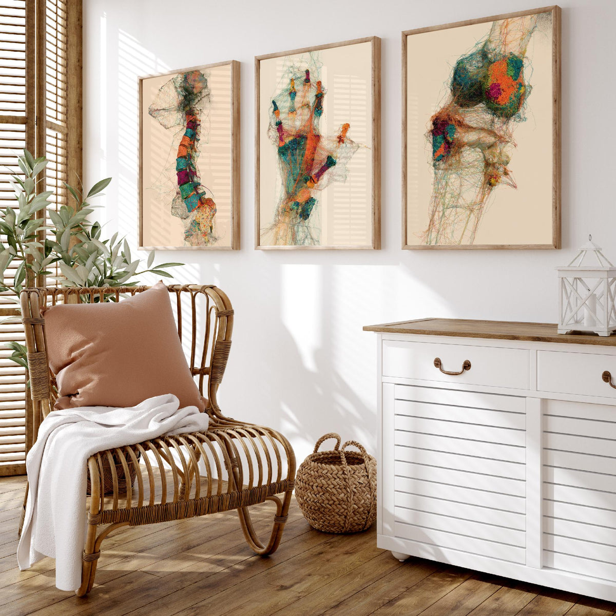 Physiotherapy Clinic Set of Three Art Prints - Spine, Hand, Knee Joint - Anatomy Thread Illustration Poster