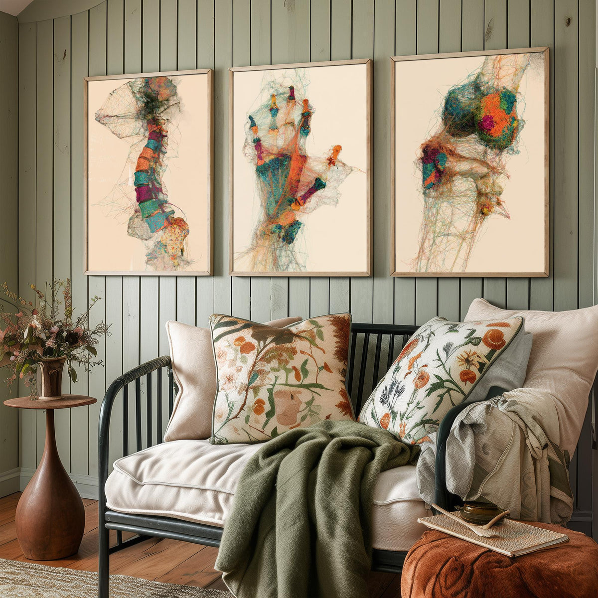 Physiotherapy Clinic Set of Three Art Prints - Spine, Hand, Knee Joint - Anatomy Thread Illustration Poster