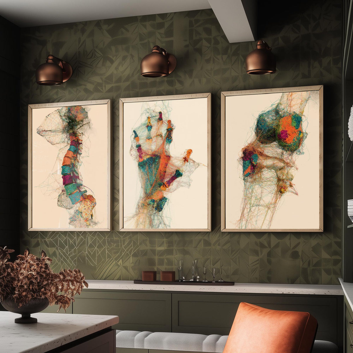 Physiotherapy Clinic Set of Three Art Prints - Spine, Hand, Knee Joint - Anatomy Thread Illustration Poster