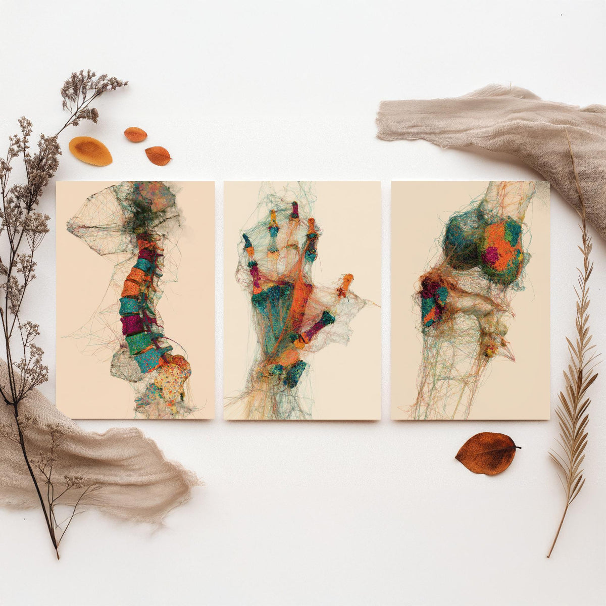 Physiotherapy Clinic Set of Three Art Prints - Spine, Hand, Knee Joint - Anatomy Thread Illustration Poster