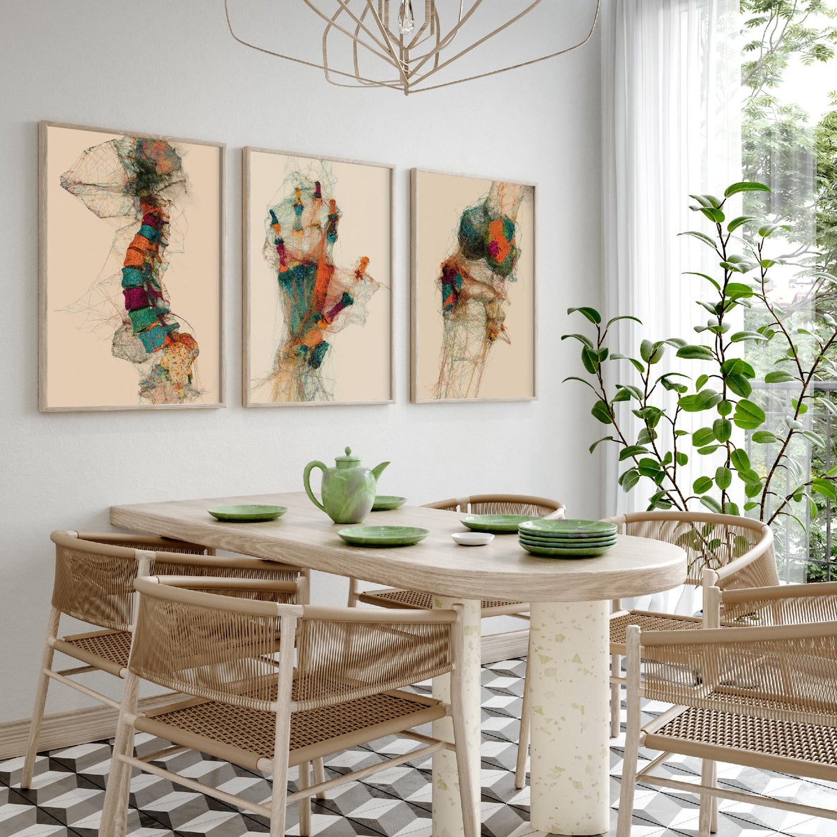 Physiotherapy Clinic Set of Three Art Prints - Spine, Hand, Knee Joint - Anatomy Thread Illustration Poster