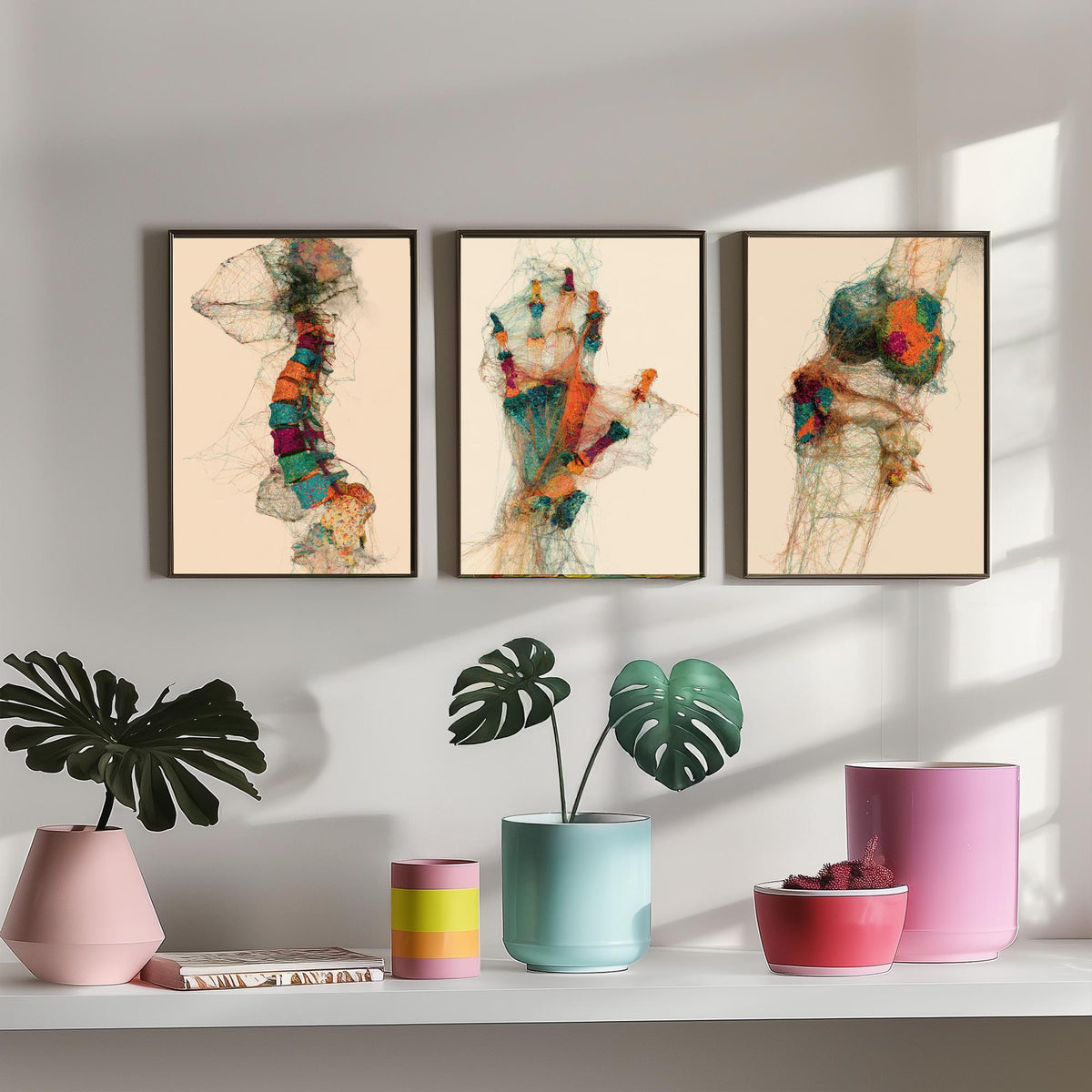 Physiotherapy Clinic Set of Three Art Prints - Spine, Hand, Knee Joint - Anatomy Thread Illustration Poster