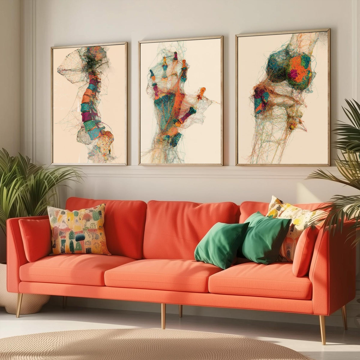 Physiotherapy Clinic Set of Three Art Prints - Spine, Hand, Knee Joint - Anatomy Thread Illustration Poster