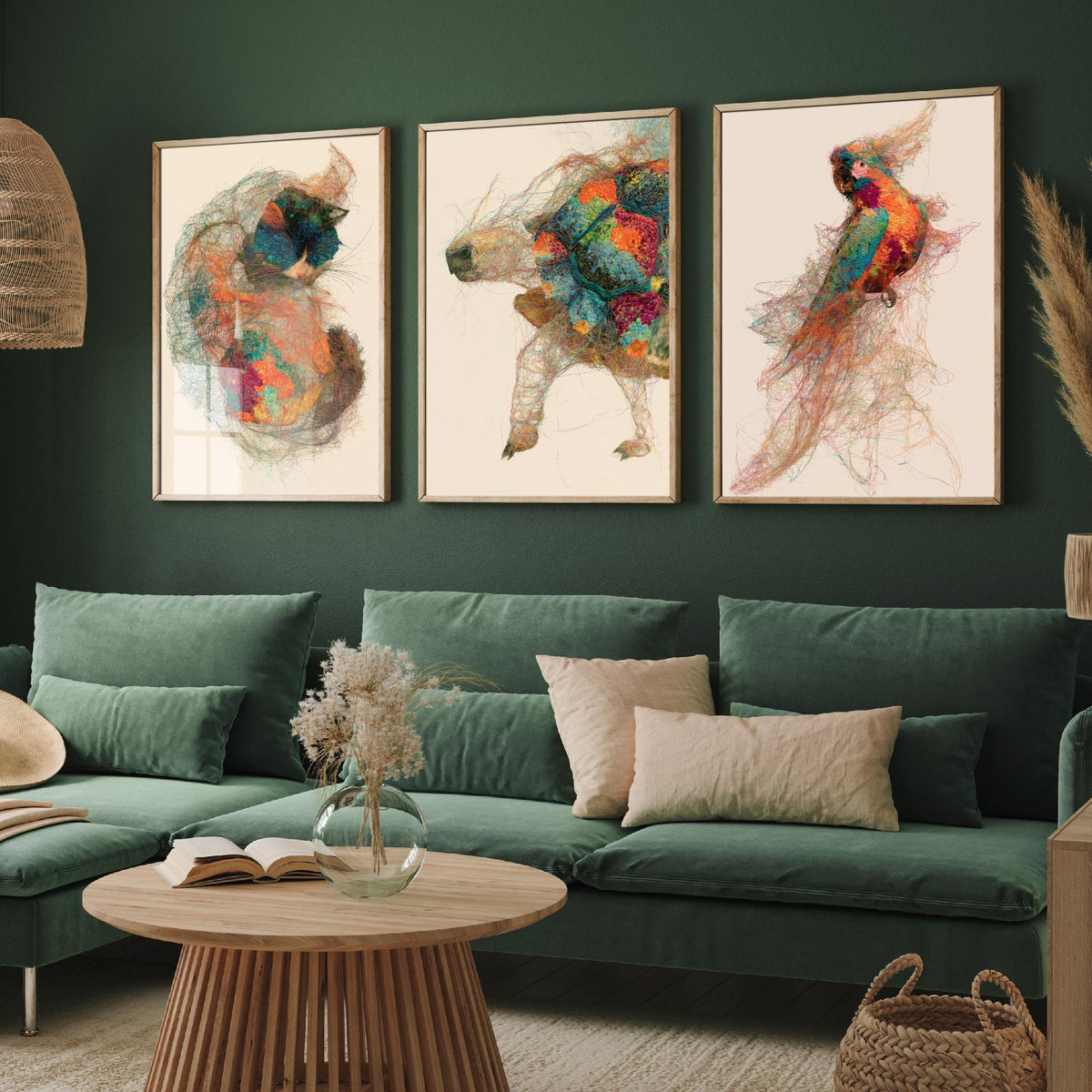 Veterinary Practice Set of Three Art Prints - Sleeping Cat, Tortoise, Parrot - Animal Thread Illustration Poster